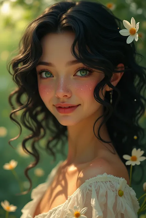 Woman with green eyes and curly black hair. Fairycore American woman freckles and cheek dimples 