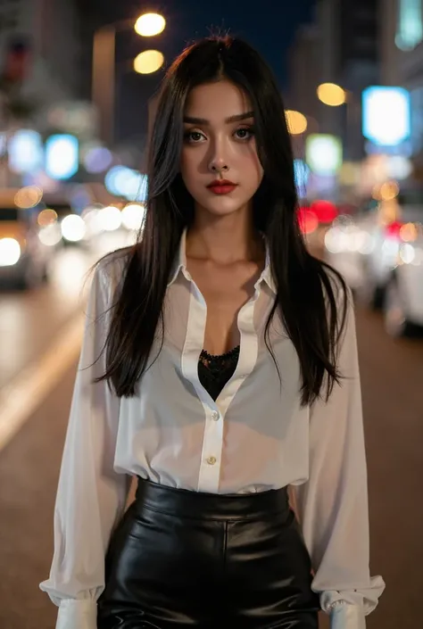 A young Asian woman with long straight black hair and fair skin, standing on a city street at night. She is wearing a white blouse with the top buttons undone, revealing a subtle hint of a black lace top underneath. Her outfit includes high-waisted black l...