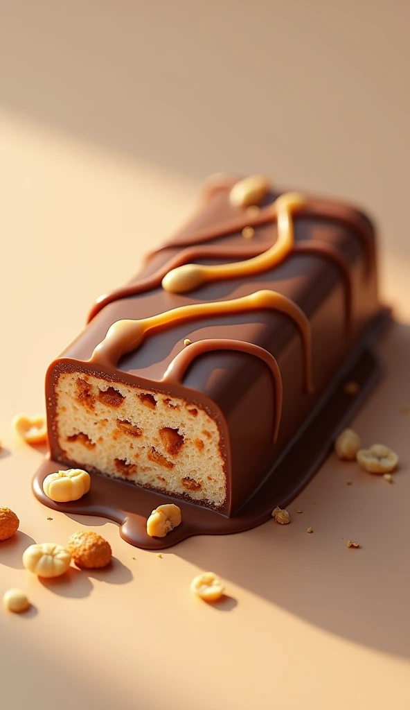 A chocolate covered nougat bar with peanuts and caramel 
