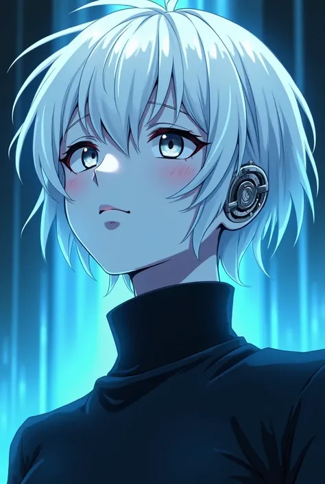 A captivating anime-style illustration of a humanoid mecha AI robot with platinum white hair, cold blue skin, and an unexpressive face. The robot is wearing a sleek black turtleneck sweater, and its dull grey eyes reveal a slight blush. The background feat...