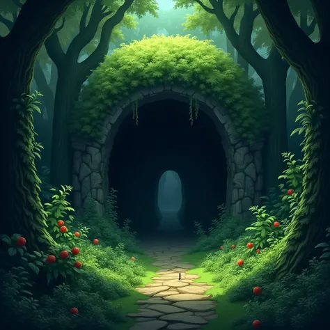 A very green forest where the entrance appears mysterious dark with a hidden light