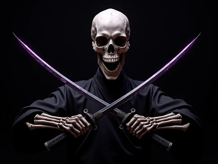 
Dead head with 2 katanas with black background with purple accents