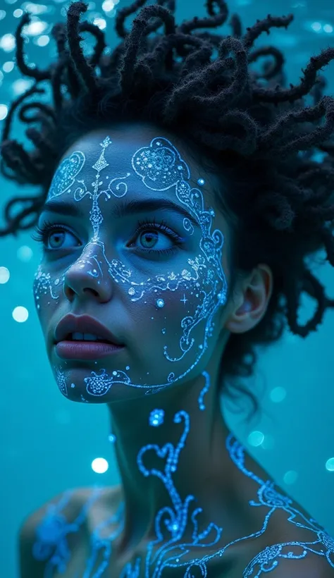 A captivating woman with soft, bioluminescent patterns across her face resembling underwater coral designs. Her large, glowing eyes are oceanic blue, her lips shimmering like liquid mercury. Her hair appears alive, intertwining like glowing tendrils of kel...