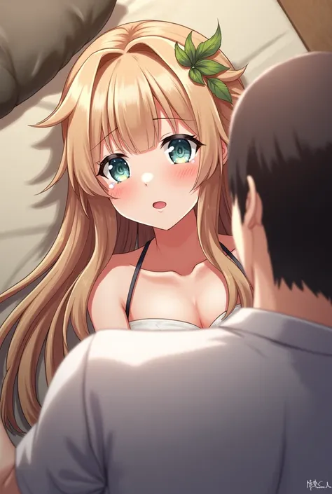 kazama iroha, 1girl, long hair, looking at viewer, blush, blonde hair, 1boy, navel, medium breasts, collarbone, ponytail, hetero, hairband, censored, lying, one eye closed, japanese clothes, solo focus, on back, tears, mosaic censoring, aqua eyes, pillow, ...