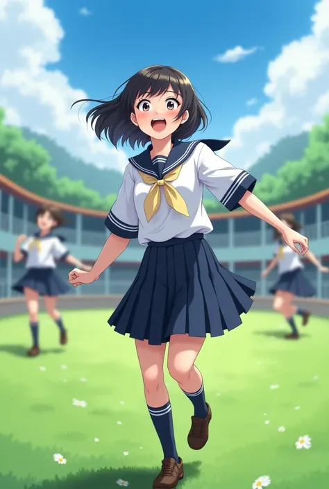 Here’s the prompt in English:

“A Thai high school girl, approximately 20 years old, wearing a traditional Thai school uniform with a white shirt and a pleated navy-blue skirt. She is running and playing joyfully on a grassy school field under a bright, cl...