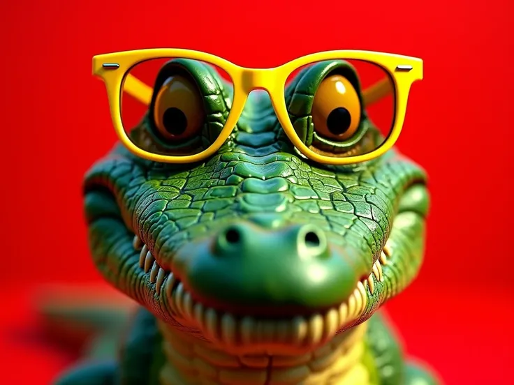 Close up camera view, High Resolution, green crocodile, wearing yellow sun glasses, background is red. (Abstract art)