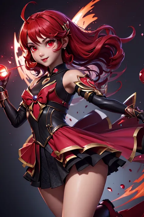 magical girl of blood, mahoushoujo, teen, girl, young girl, young face, Red eyes, red lips, black and red hair, mahou shoujo hairstyle, (Create a great atmosphere)，Mahou Shoujo scarlet dress, vampire theme, Perfect skin, (One, full figure), Full of texture...