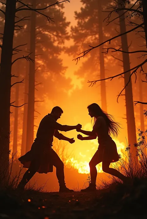 A burning down forest with the shadows of a man and woman versus another man all fighting fist to fist inside the fire