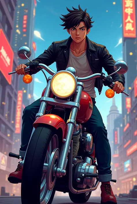 Teenage boy wearing black leather jacket riding a 1952 anime-style Harley-Davidson Hydra Glide