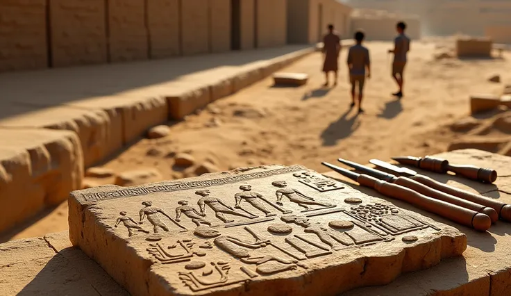 "An immersive scene depicting the scientific evidence behind the construction of ancient Egyptian monuments. In the foreground, archaeologists examine detailed inscriptions on a stone tablet, depicting workers hauling stones on sledges and using ropes, ram...