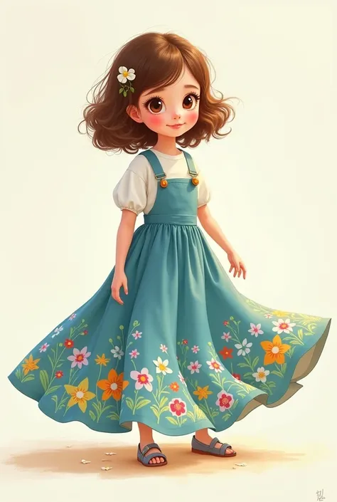 Animated style,  a brown-haired girl with a white flower in her hair, with white blouse, And long blue skirt with flowers 