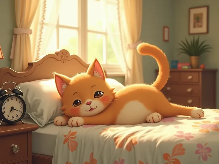  anthropomorphic cat stretching out on a bed in a retro room。 an alarm clock at the bedside 。Ghibli style 