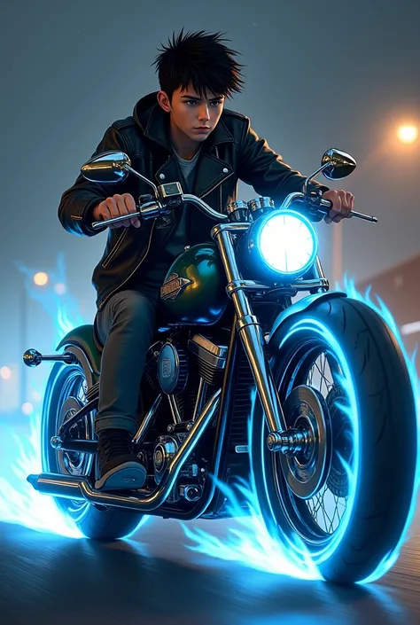 Teenage boy wearing black leather jacket riding an anime-style 1952 Harley-Davidson Hydra Glide with blue burning tires