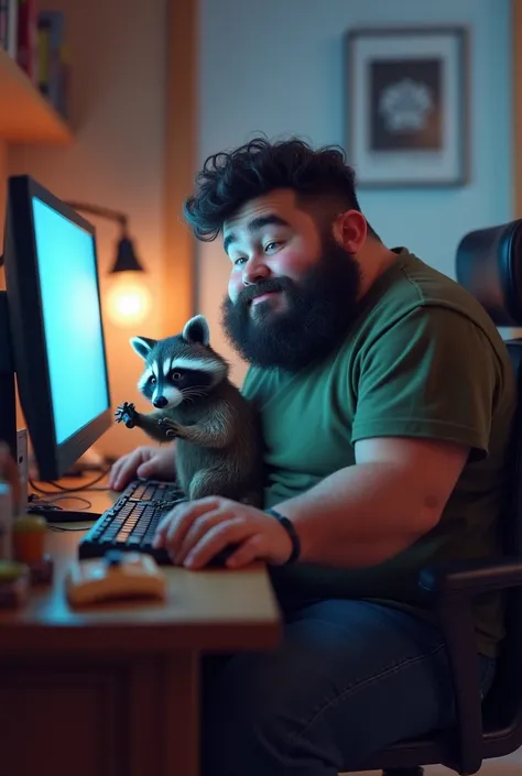  Create a picture of a guy with dark, slightly curly short hair, Sides shaved, dark full beard , chubby body type ,  he is sitting at the PC with a raccoon and playing a shooter game with him 