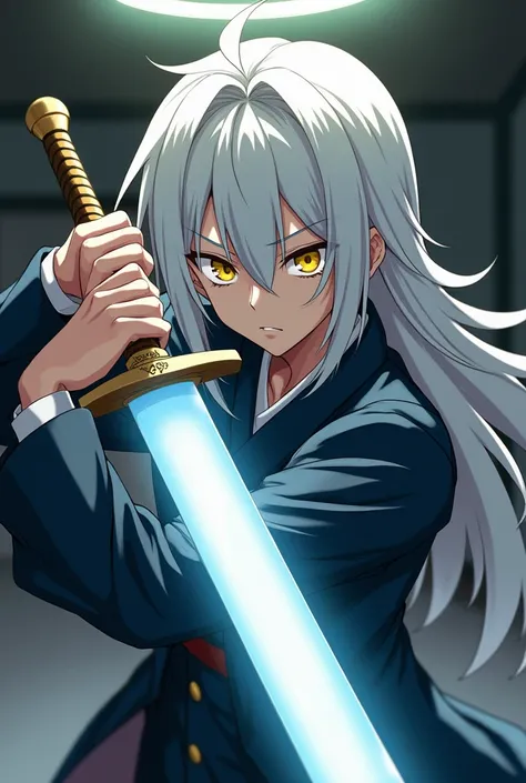 garoto anime young with white hair up to the neck, halo and yellow eyes, sword light, seriously expression and japan colegial uniform masculine