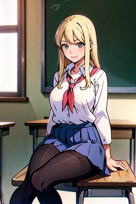 Japanese、Model、Big Breasts、 blonde alone、 Long Hair、  school uniform、tights、 Show your shoulders、  can see her chest 、  belly button visible  、classroom、  sitting 、smile