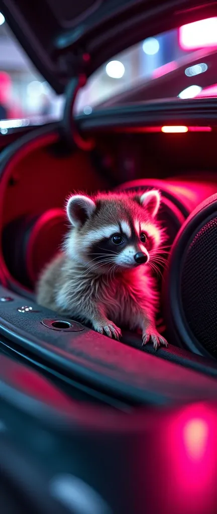 A photograph of a cute, extra fluffy baby raccoon sitting in the trunk of a car at a high-end car audio competition. The car has a winners sticker on the trunk. The audio setup in the car is the most incredible, featuring large amplifiers and subwoofers ar...