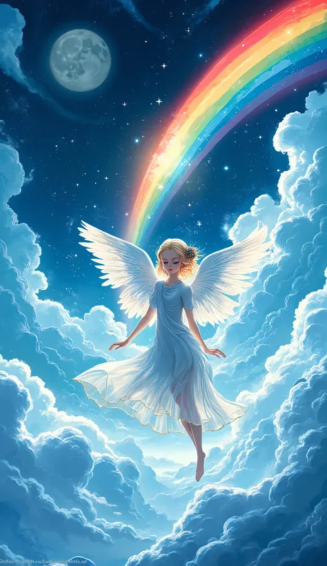 comic art, there is an female angel standing in heaven, there is a rainbow going from heaven to another cloud, it is night time, moon, stars, 