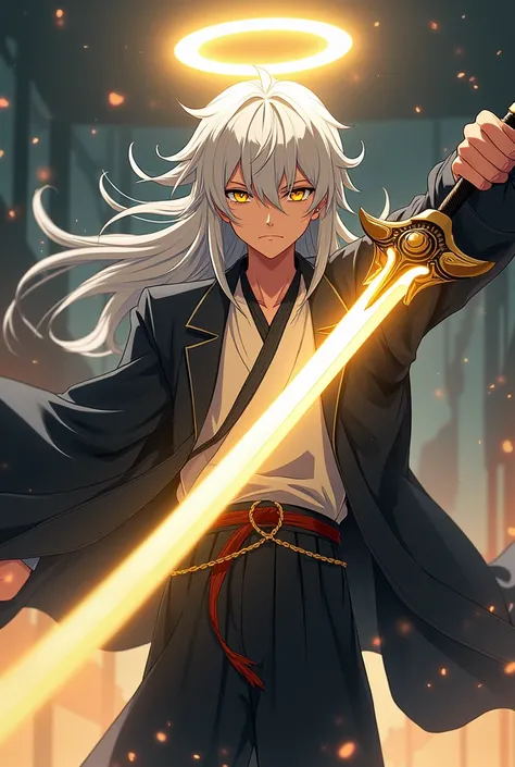 garoto anime young with white hair up to the neck, halo and yellow eyes, sword light, seriously expression and japan colegial uniform masculine