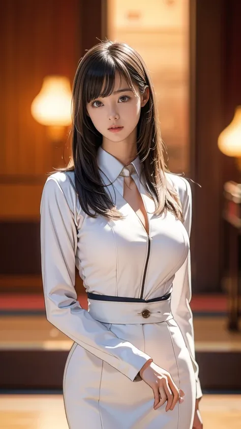 最 High Quality , masterpiece, 32K、 Very detailed、Realistic、((Saggy breasts:1.5, Extremely thin:1.5)),  1 girl,   Japanese girl、 elegant outfit for Paris Fashion Week、uniformのコスチューム、Futuristic costume, uniform、US uniform帽子、uniform、Class seal、uniformの帽子をかぶって...