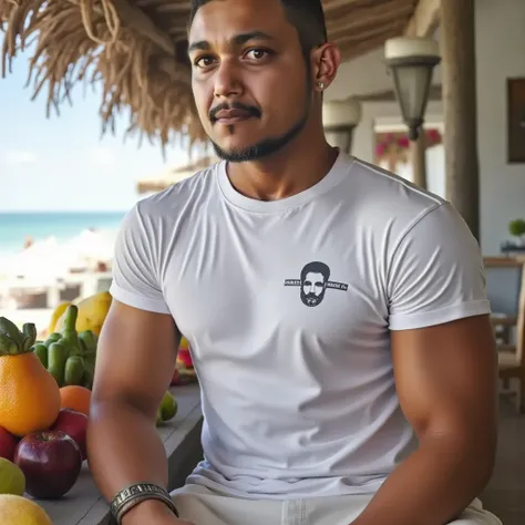 handsome brazilian blackman with shaved hair , thin, Sportswear , 172cm de altura, ( white t-shirt that reads the phrase "No Gods" and the image of a man vitruvian. minimalist t-shirt print . tennis), on the beach , leaning against a counter full of fruits...