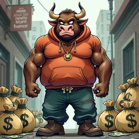 Cartoon image of a bull head guy dressed as street guy with money bags