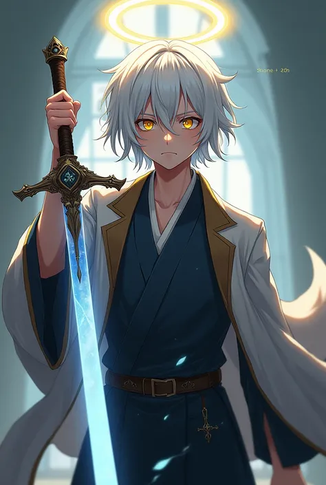 garoto anime young with white hair up to the neck, halo and yellow eyes, sword light, seriously expression and japan colegial uniform masculine