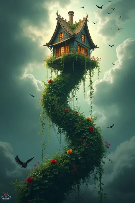 A beanstalk in the sky full of flowers holding a beautiful house with surrounding black birds