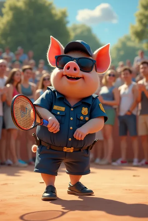 Make me a pig dressed as a security agent who is playing padel and that a lot of people are watching him 