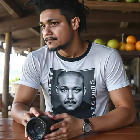 handsome brazilian blackman with shaved hair , thin, Sportswear , 172cm de altura, ( white t-shirt that reads the phrase "No Gods" and the image of a man vitruvian. minimalist t-shirt print . tennis), on the beach , leaning against a counter full of fruits...