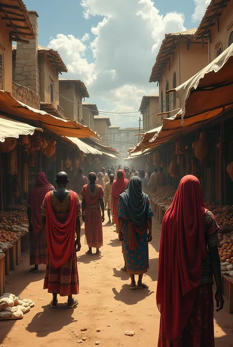 The village market during the day, silent and tense, with villagers whispering about the queen’s evil deeds.
Let it be in an Africa setting and let it be realistic 