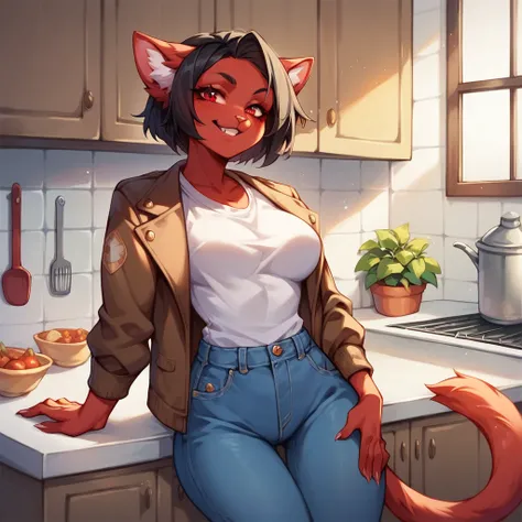 a female cat with red red fur and short black hair and red eyes. she is leaning on the kitchen counter. she has a seductive smile on her face. she is wearing a brown jacket with a white shirt and blue jeans.