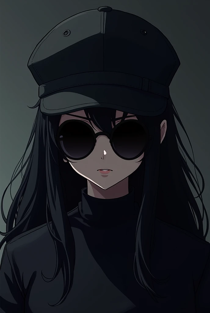 Generate an anime kind of style of a girl that kinda fits the name Lucian Alexandria. Make her personality mysterious and dark, kind of masculine as well. Long hair black hair, wears a cap and shades, kinda hiding her faces. 