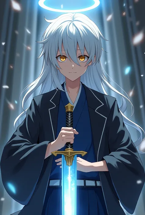 garoto anime young with white hair up to the neck, halo and yellow eyes, sword light, seriously expression and japan colegial uniform masculine