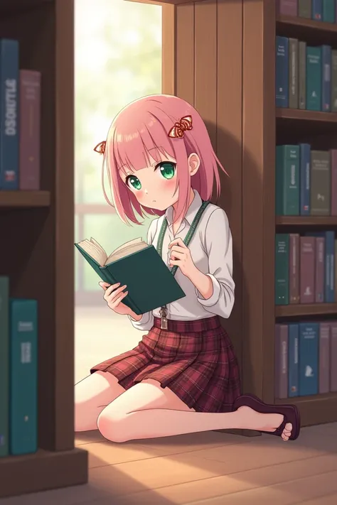 A girl ,  sitting in a library reading a book by the door booklet ,  she has light pink hair  ,  emerald green eyes ,  wearing a white shirt ,  wearing a reddish-brown plaid miniskirt  , wearing a dog leash  ,  hairpins a small lollipop  , no one else in t...