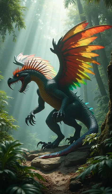 "Create a terrifying hybrid creature that fuses the brute strength and primal menace of a Komodo dragon with the vibrant, aerial grace of a macaw. This creature has the muscular, scaly body of a Komodo dragon, but its back and arms are adorned with sharp, ...