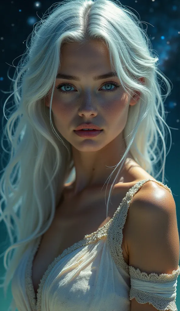 a stunning woman with glowing, flawless skin, iridescent eyes that shimmer like opals, and flowing silver hair that seems to def...