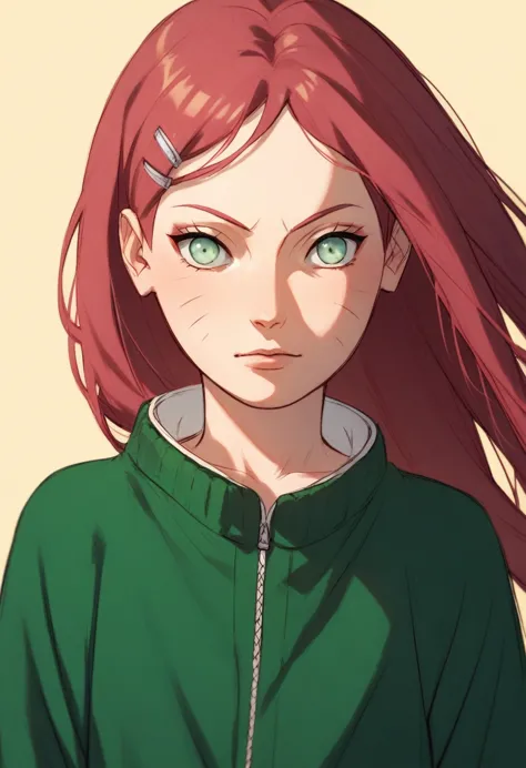 naruto shippuden manga sketch drawing kushina  has  long straight red hair green eyes,white shirt, on top green dress,green clip...