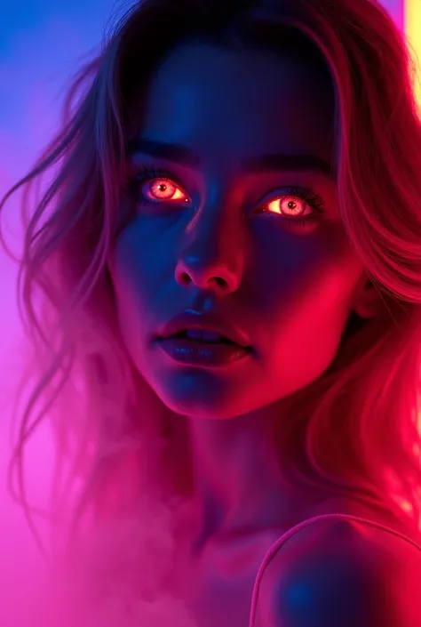 Blacklight on an ultra hot gorgeous European woman, age 23, she’s a playmate, men magazine model. neon, led ,colorful , glowing eyes , beautiful face ,very beautiful , artistic glowing smoke blended with the hair