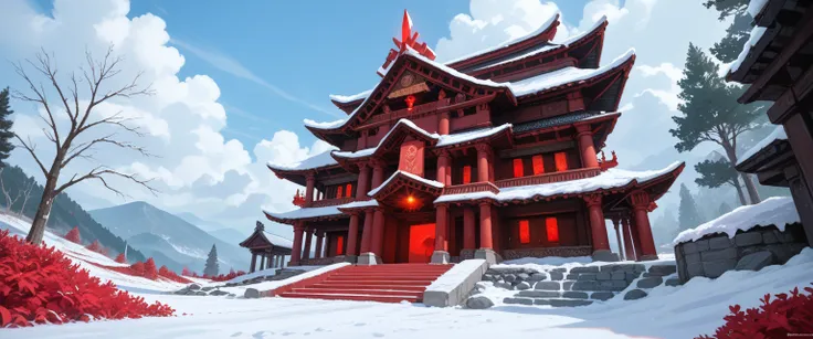 A snowfield where it snows black and red, (((Black and Red colored Snow:1.5))), black snow, red snow, an ancient temple of smooth black stone, the area is covered in giant red crystals that seem to have erupted from the ground below. Glowing red runes can ...