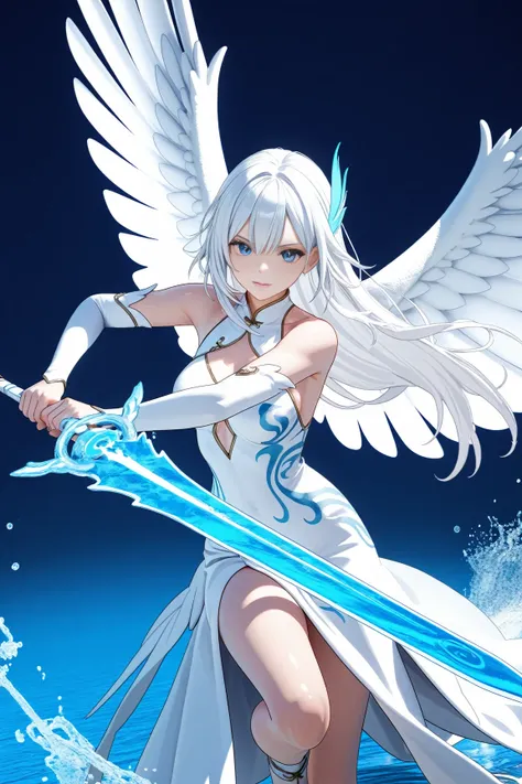 1 woman, blue eye, white hair, long hair , beautiful skin,  wearing a white phoenix costume , white dress , holding sword, water sword, 3D rendering, action pose , Blue background , effect water Swirl around her