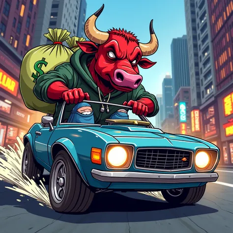 Cartoon image of a bull head guy dressed as street guy driving a car with money bags