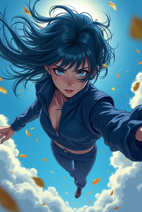 Create a novel cover for a comic book with an anime character, bottom view, flying hair, blue and black hair, long hair, female, masculine, flying leaves, sky background, with no title