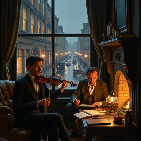 A Victorian-era London urban setting at night, under heavy rain. The iconic facade of 221B Baker Street is visible, with soft light escaping through partially covered windows of second floor. The wet street reflects the flickering, yellowish glow of gas la...