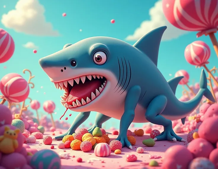 Un requin humanoïde qui mange des friandises, le tout dans un style cartoon