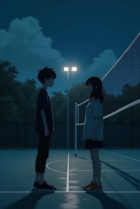 boy and girl accidentally meet and look each other, at court volleyball in the night.not hold the hand just look.from a far.the boy wear black clothes and chatting 

