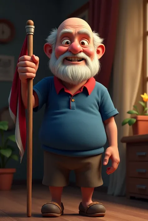 An old man with white beard and bald head (best quality, 4k, high resolution, realistic), detailed features, pixar style, wise eyes, fine wrinkles, charismatic smile, wearing blue and red polo shirt, standing full body, holding a flag, with a warm and diml...