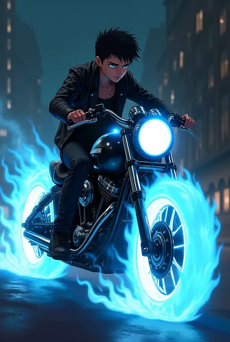 Teenage boy wearing black leather jacket riding the anime-style ghost rider motorcycle with blue burning tires 