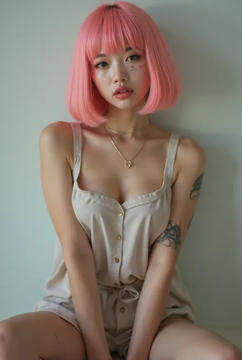 Asian girl , exotic, pretty, with short pink wig ,  scar on face,  sits with her legs stretched out, taking a realistic photo