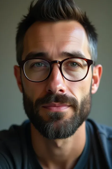 30-year-old white man with a beard and glasses 